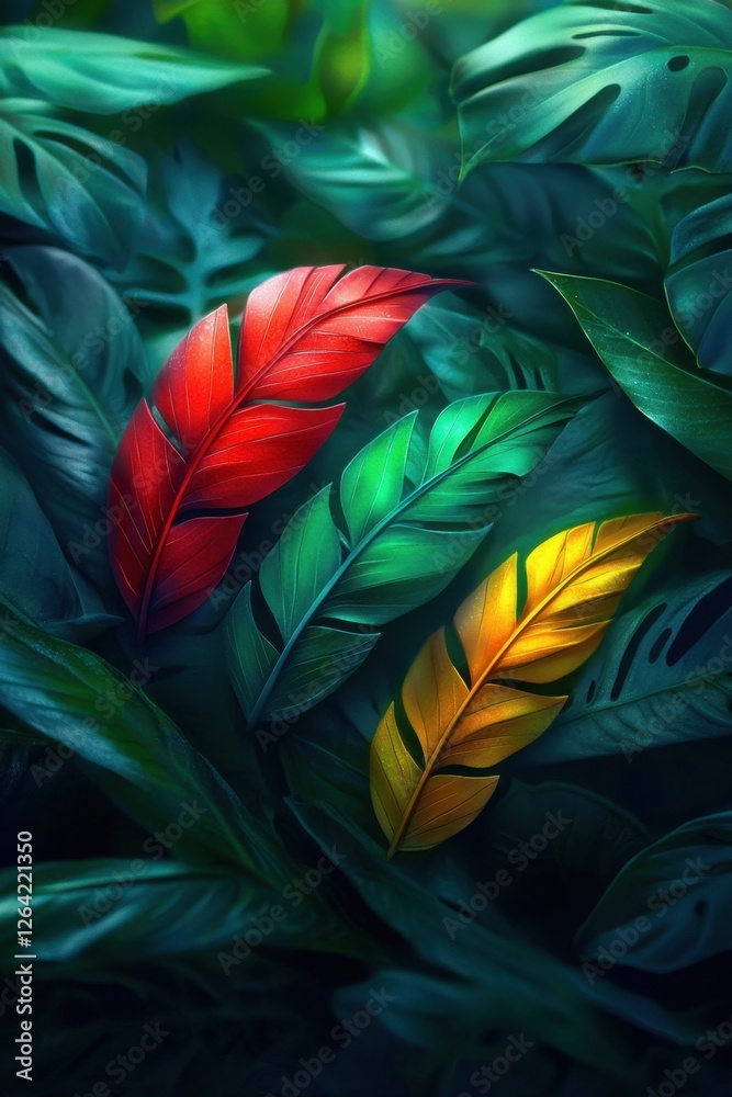 custom made wallpaper toronto digitalVibrant leaves in red, green, and yellow contrast against dark foliage, creating a striking visual of nature's beauty.