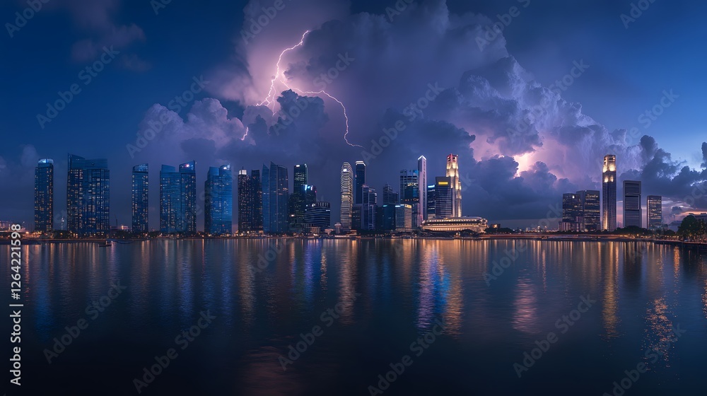 Obraz premium Lightning bolt strikes over city skyline at dusk photograph urban dramatic