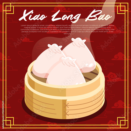Xiao Long Bao in a bamboo steamer with a red cloud Chinese background vector illustration