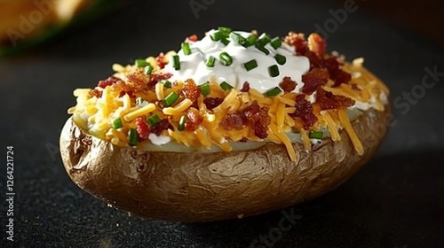 A loaded baked potato topped with sour cream, bacon bits, shredded cheese, and chives