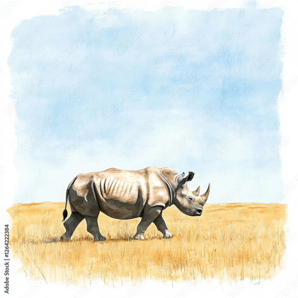 Fototapeta premium Watercolor rhino walking, peaceful illustration in boho style