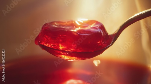 A spoon lifting a wobbly strawberry jelly, with light shining through its ruby-red, translucent surface.