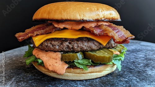 A mouthwatering bacon double cheeseburger with two beef patties, crispy bacon, cheese, lettuce, tomato, and pickles in a toasted bun