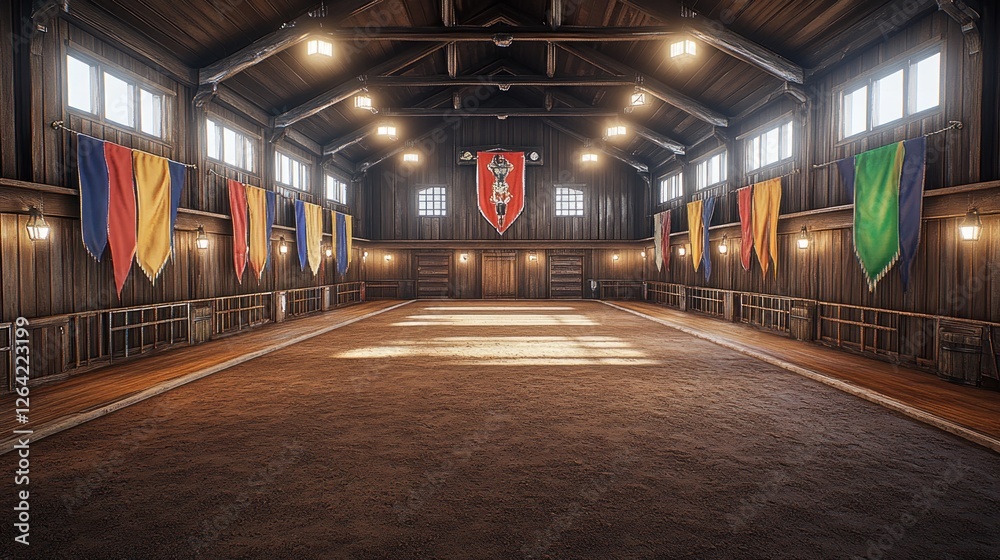 Medieval-style wooden hall interior with banners.