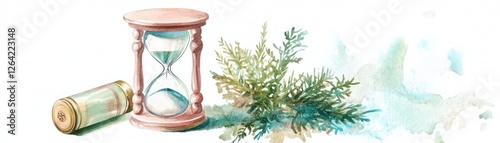 Watercolor illustration of an hourglass beside greenery on a soft textured background, symbolizing the passage of time and nature's beauty