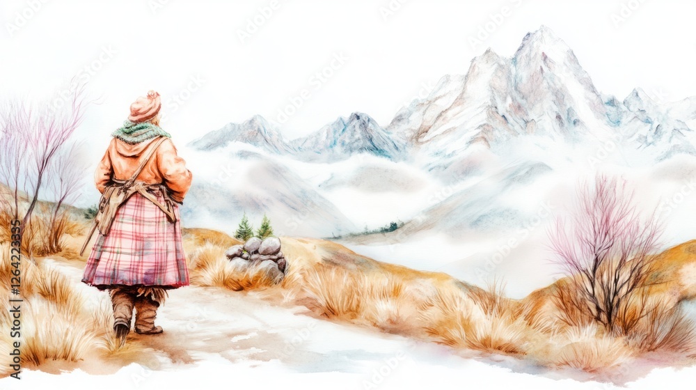 Fototapeta premium Serene Journey Through Majestic Mountains in Winter Landscape with Figure in Traditional Attire Enjoying Nature's Beauty and Tranquility