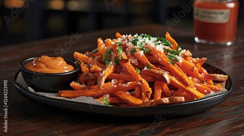 A mouthwatering side of sweet potato fries served with a tangy dipping sauce 