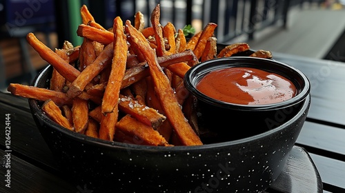 A mouthwatering side of sweet potato fries served with a tangy dipping sauce 
