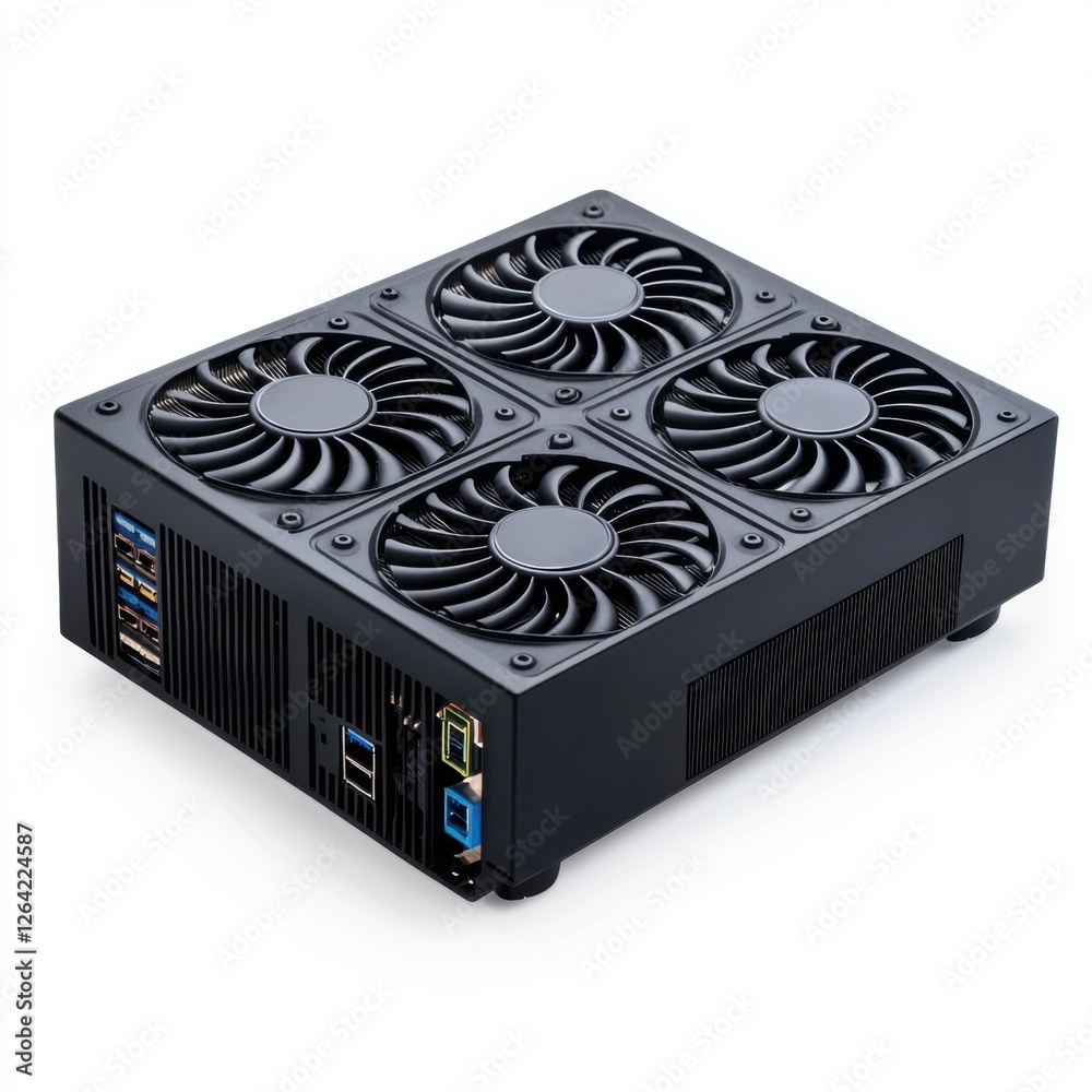 Fototapeta premium Compact Black Computer Case with Four Cooling Fans and Multiple Ports for Enhanced Performance