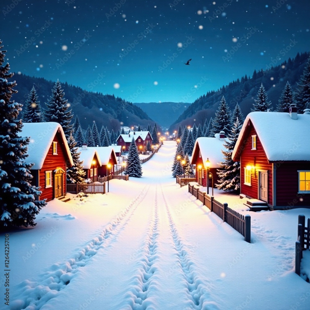 Naklejka premium Snowy village scene with Christmas lights and houses, christmas lights, winter landscape
