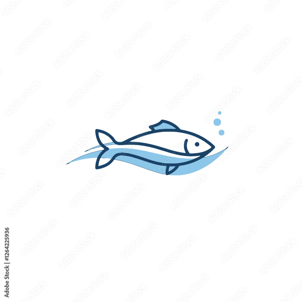 Obraz premium Illustration of a Swimming Fish with Water Waves and Bubbles