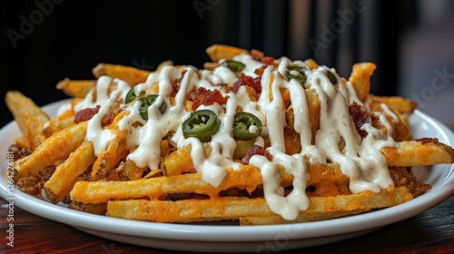 A plate of loaded fries with crispy fries, melted cheese, bacon bits, jalapenos, and a drizzle of ranch dressing 