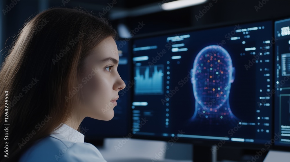 Cyber Security Analyst: A focused female cyber security analyst intently examines a computer screen displaying a complex digital head scan. Cyber Security Analyst: A focused female cyber security analyst intently examines a computer screen displaying a complex digital head scan.