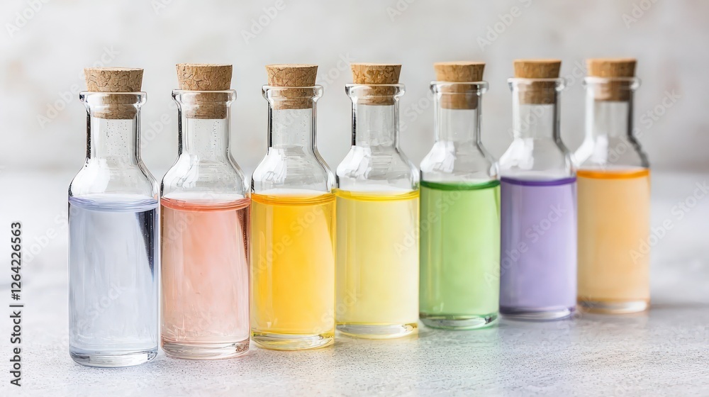 Colorful Essential Oils in Glass Bottles Aromatherapy Spa Wellness Natural Products Colorful Essential Oils in Glass Bottles Aromatherapy Spa Wellness Natural Products