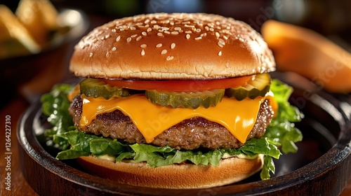 A savory cheeseburger with a beef patty, melted cheddar cheese, lettuce, tomato, and pickles in a soft sesame bun