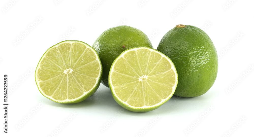 Fresh limes showing their juicy interior on white background Fresh limes showing their juicy interior on white background