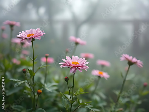 A soft focus image of Hatai Yatthip flowers in a misty morning garden photo