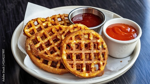 A side of crispy seasoned waffle fries served with a dipping sauce of choice, perfect for a snack