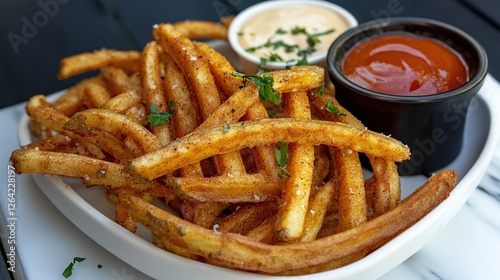 A side of crispy seasoned waffle fries served with a dipping sauce of choice, perfect for a snack