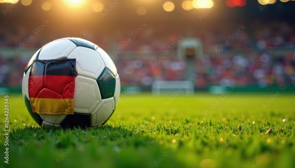 Fototapeta premium Soccer ball with German tricolor banner, soccer ball, flag, equipment