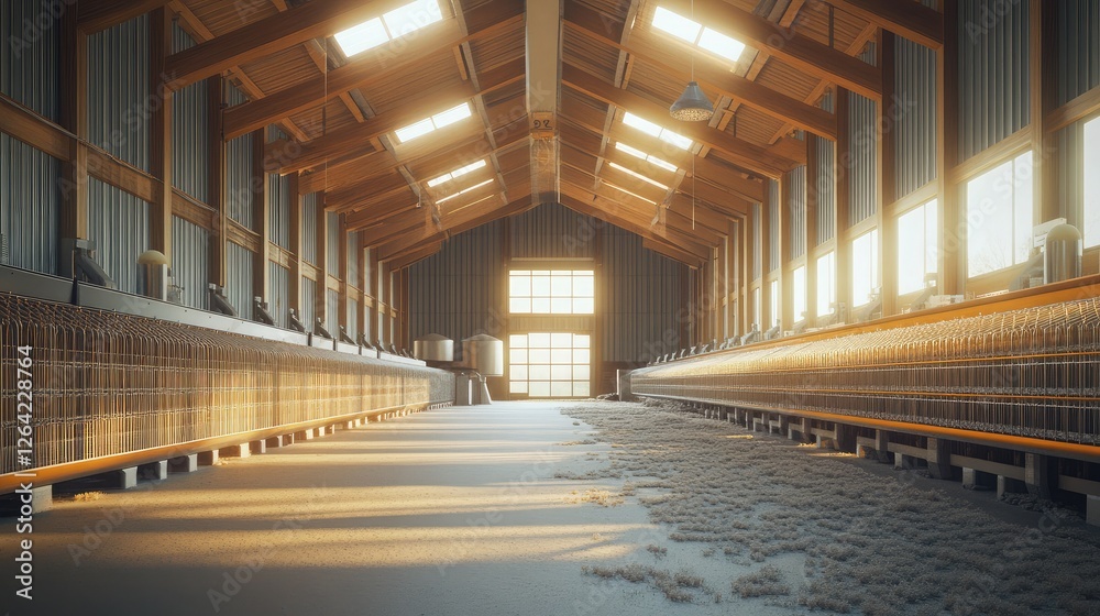 A spacious poultry barn with rows of clean, empty cages and feeding equipment, illuminated by natural light streaming through large windows. A spacious poultry barn with rows of clean, empty cages and feeding equipment, illuminated by natural light streaming through large windows.