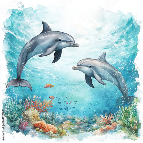 Wallpaper Mural Two dolphins swimming happily in clear blue ocean water Torontodigital.ca