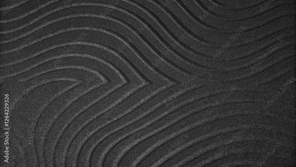 Fototapeta premium Black Icelandic Basalt Sand. Embossed sandy texture. Wavy background. Abstract pattern. Nature design. Reynisfjara beach with black volcanic sand. Reynisdrangar, Iceland Europe