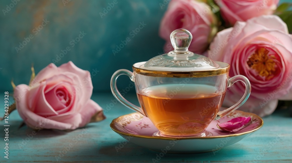 Fototapeta premium Serene Elegance: A Delicate Porcelain Cup of Golden Tea with a Fresh Pink Rose on a Turquoise Backdrop