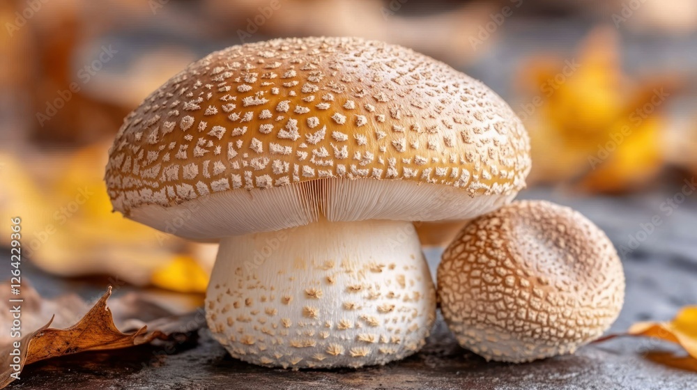 Autumnal Mushroom Duo: A Close-Up of Two Delicate Mushrooms Nestled Among Fall Leaves Autumnal Mushroom Duo: A Close-Up of Two Delicate Mushrooms Nestled Among Fall Leaves