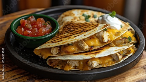A sizzling chicken quesadilla with grilled chicken, melted cheese, and a side of salsa and sour cream