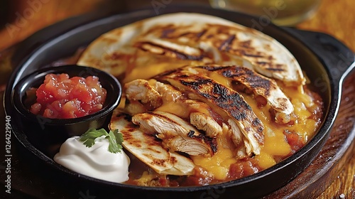A sizzling chicken quesadilla with grilled chicken, melted cheese, and a side of salsa and sour cream
