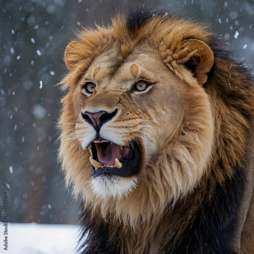 Naklejka premium Close-Up Portrait of Panthera leo fossilis with Powerful Jaw and Thick Fur Against a Snowy Backdrop