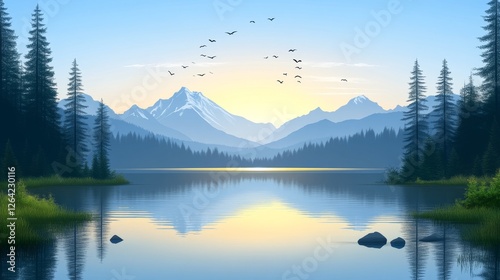 Majestic Mountain Reflections at Dawn Serene Lake Scene with Evergreens and Hazy Peaks Tranquil Vista for Background or Nature Theme