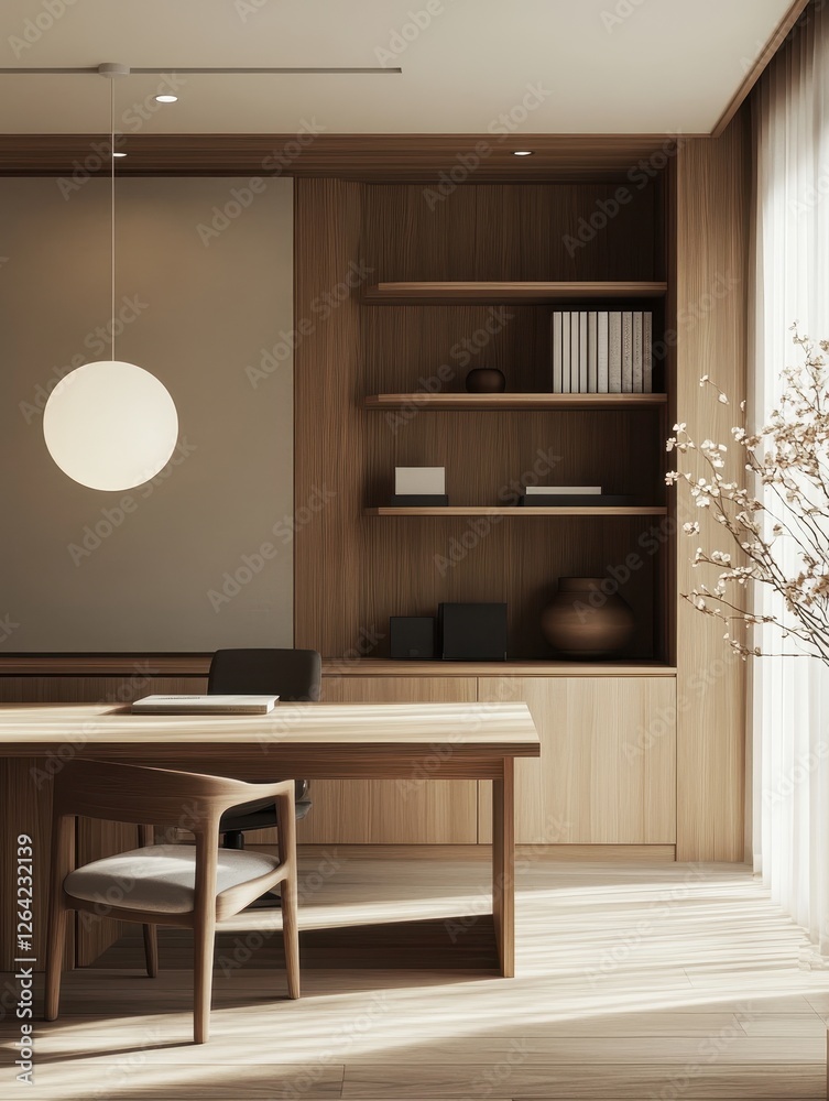 Fototapeta premium Minimalist home office features wooden desk shelves and soft lighting