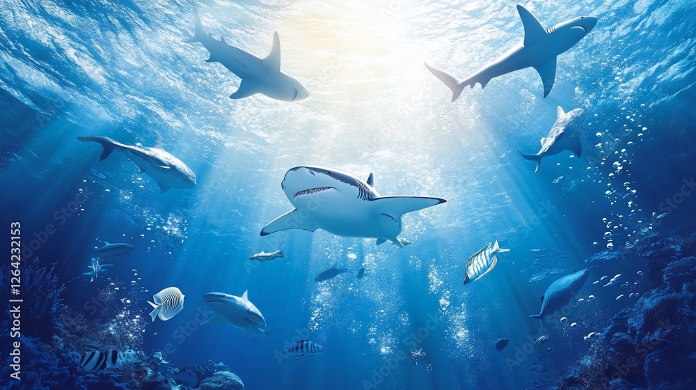 Fototapeta premium Underwater scene showcasing a variety of sharks and fish swimming in the deep blue sea