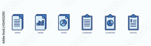 Paperwork Essentials Icon Set Icon Set Isolated Vector Illustration Concept With Icon Of Paper, Paper, Paper, Clipboard, Clipboard, Invoice In Blue Style