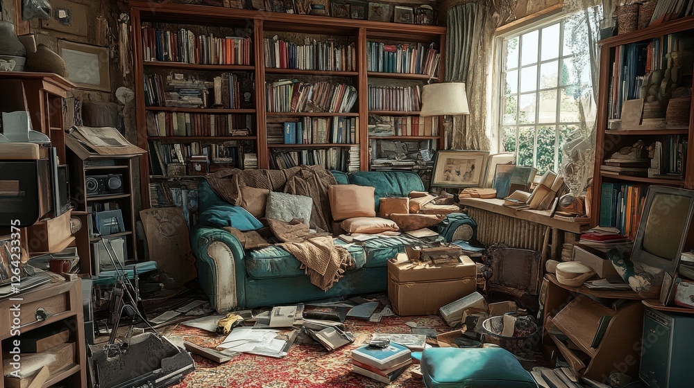 Messy, cluttered living room with overflowing bookshelves and sofa. Depicts neglect, chaos, or the passage of time, ideal for stories of abandonment or hoarding. Messy, cluttered living room with overflowing bookshelves and sofa. Depicts neglect, chaos, or the passage of time, ideal for stories of abandonment or hoarding.