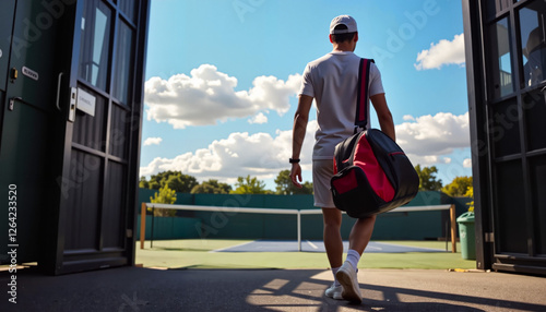 Man Walking with Tennis Bag to Court, Concept of sport, healthy lifestyle.