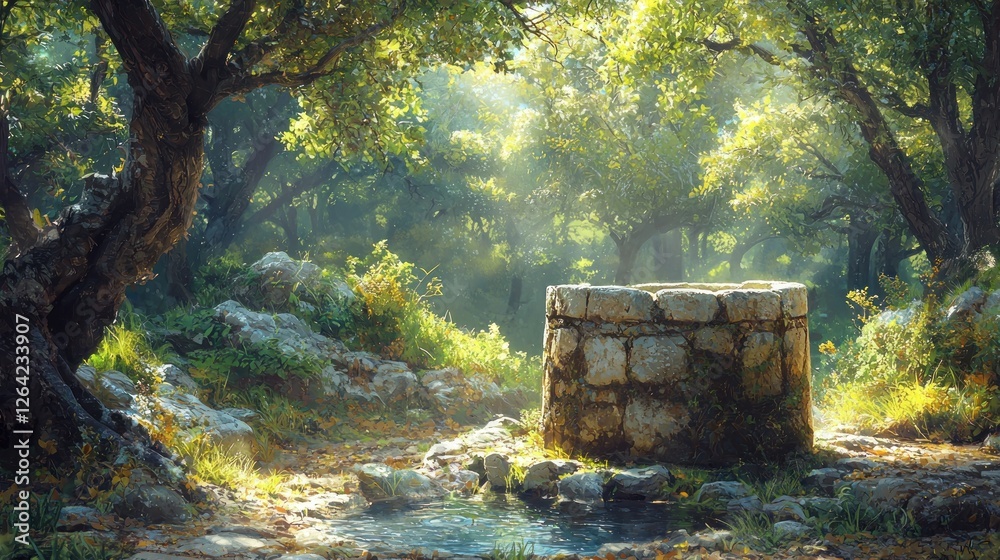 Fototapeta premium Stone Well in a Sun Dappled Forest Scene