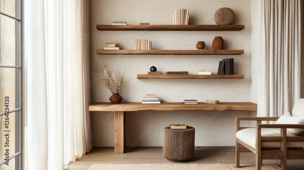 Natural wood shelves and desk in a minimalist interior space Natural wood shelves and desk in a minimalist interior space