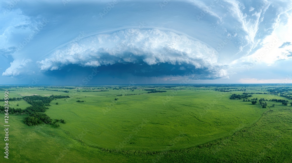 Fototapeta premium Dramatic thunderstorm formation over vast green fields rural landscape aerial perspective nature's power