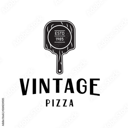 Vintage design logo with the main element being a wooden pizza board that has a natural texture. This logo is perfect for a pizzeria or restaurant.