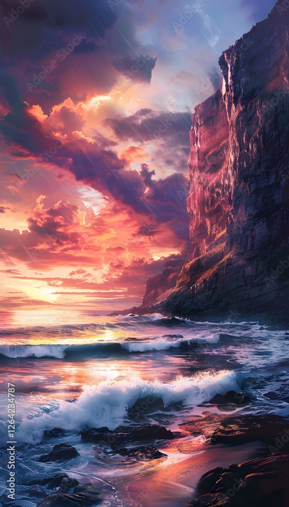 Fototapeta premium Wide-angle shot of glowing cliffs illuminated by vibrant sunset hues, dynamic ocean waves crashing below, cinematic natural drama