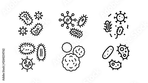 collection black and white of cute virus icons