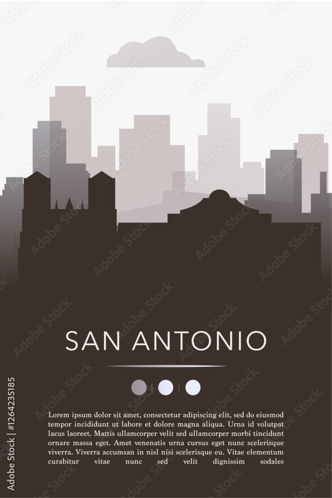 Naklejka premium San Antonio city template for website, presentation, front page, invitation, publication sheet with skyline, landmarks. Vector Texas state, USA image layout, simple and grayscale