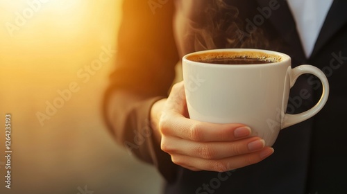 A womans hand gently cradles a steaming cup of coffee, enjoying a warm morning beverage. photo