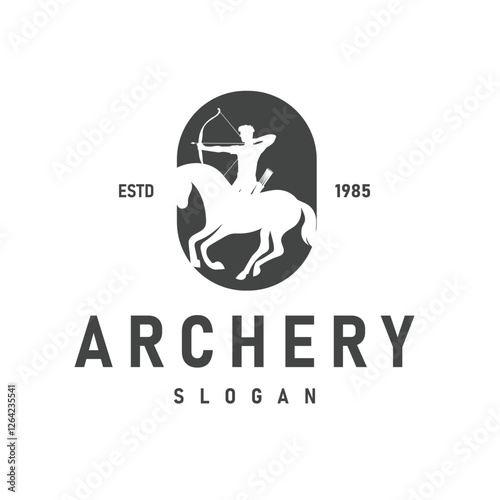 Simple logo vector silhouette of medieval warrior on horse, holding bow and arrow ready to aim. war fight or archery themed logo