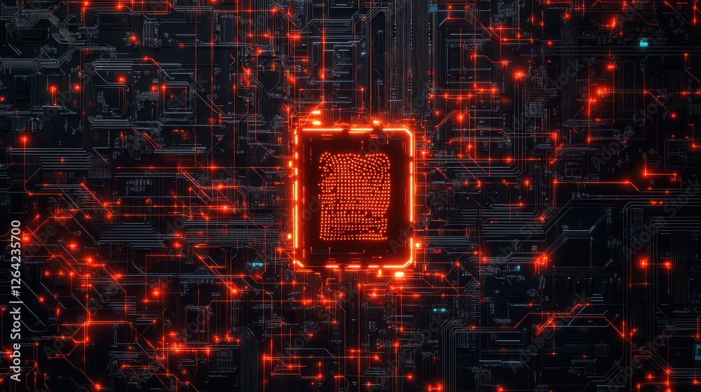 Fototapeta premium Digital fingerprint scan overlaid on a circuit pattern, symbolizing biometric security measures.