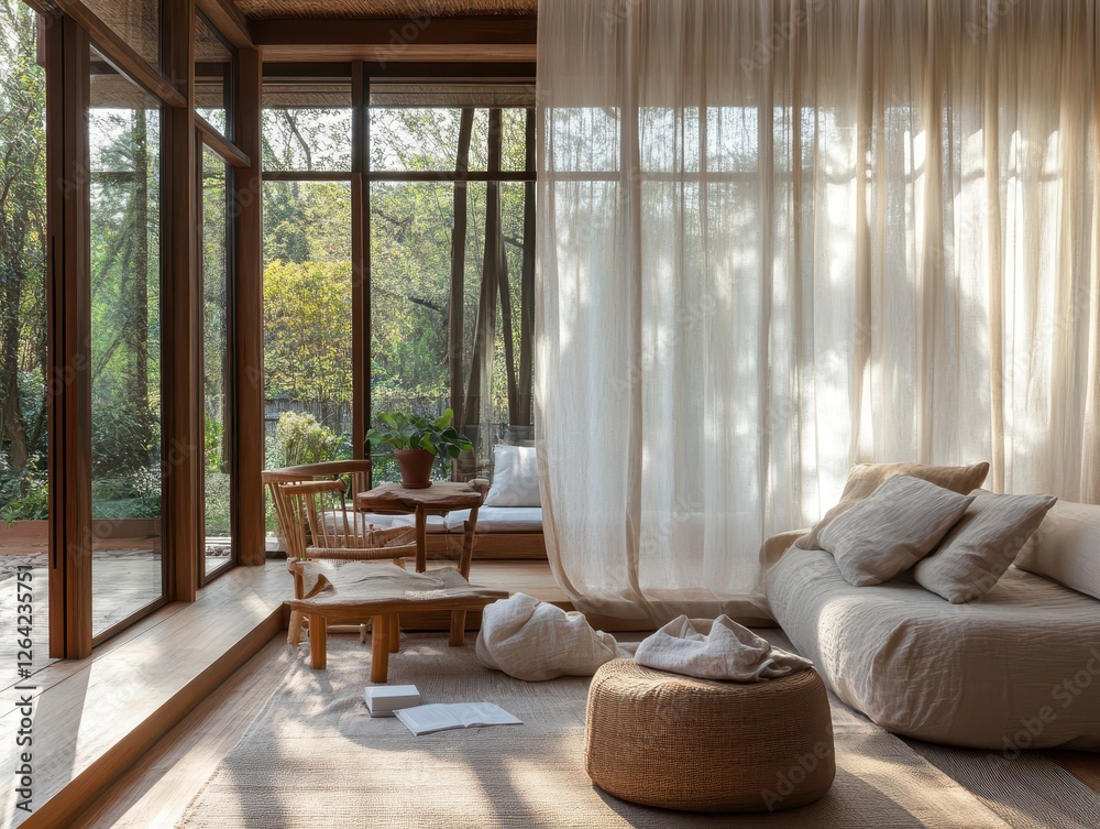Fototapeta premium Serene indoor space merges with nature through expansive glass windows