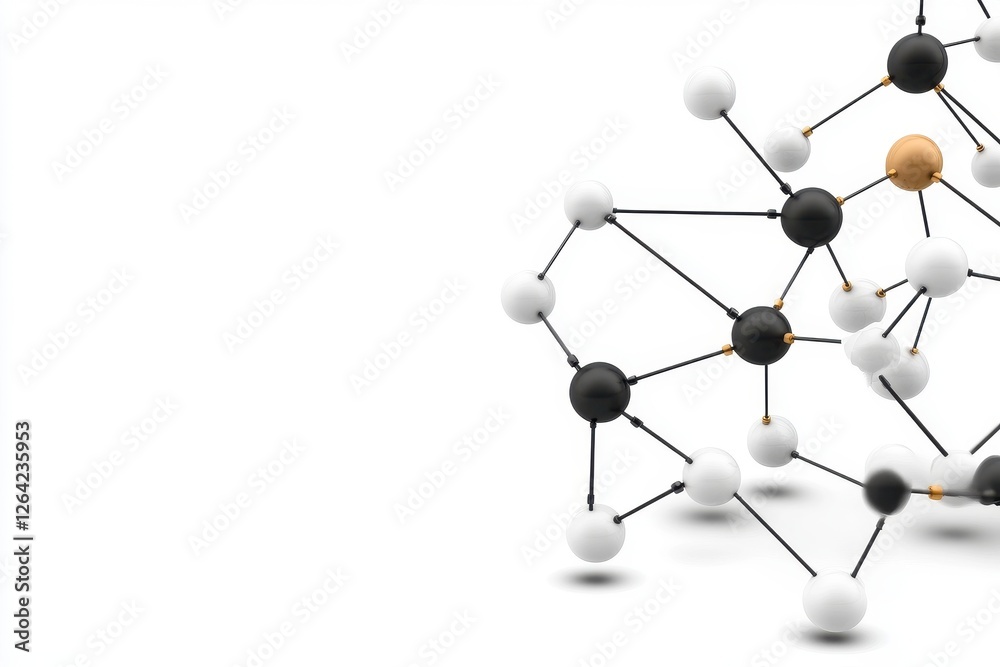 Abstract Network Structure with Black, White, and Gold Spheres Abstract Network Structure with Black, White, and Gold Spheres